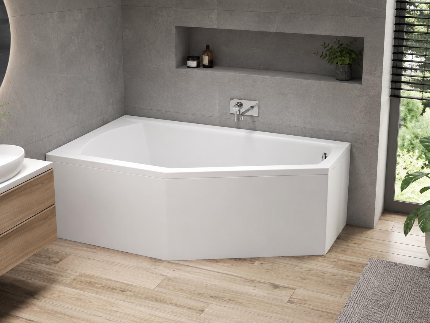 AQUA for you | Badewanne - Polimat Selena - Asymmetrische Badewanne - 160x90 cm - Links - Weiß - mit Verkleidung, Siphon, Gestell, Acrylwanne