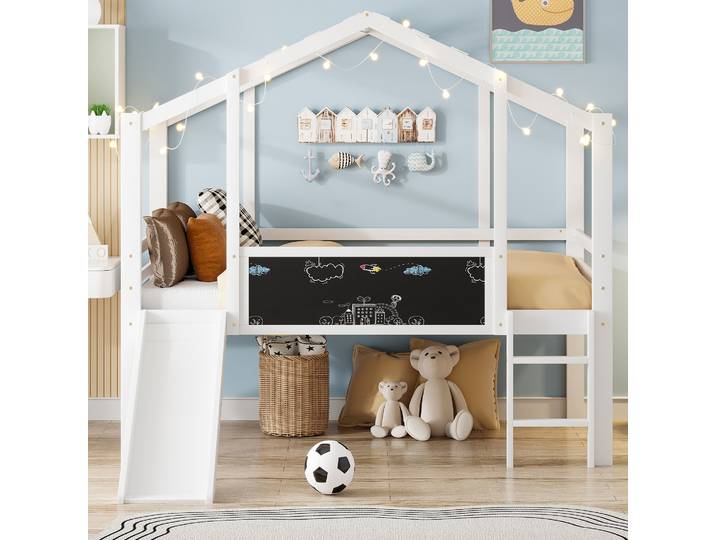 Lit Mezzanine 90x200cm - Lit Cabane Enfant Avec Échelle\, Panneau Graffit Et Toboggan - Blanc
