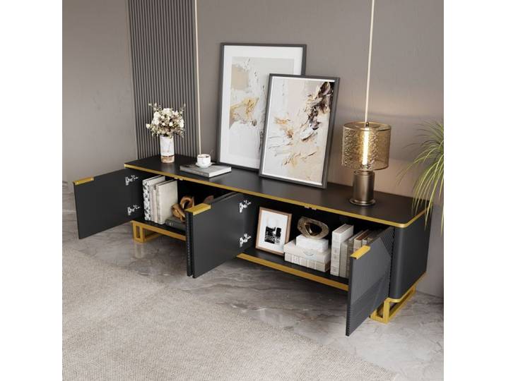 Meuble TV 160 cm - Meuble de Salon avec 4 Portes Rangement Intégré et Cadre Métal Table TV Basse Design MDF Noir