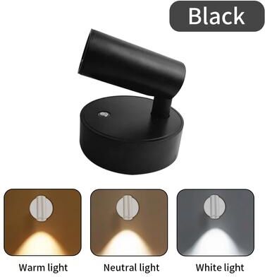 Perfect Picks Market LED Magnetic Rechargeable Wall Light Dimmable Spotlight With Touch Switch, Wireless Bedside Lamp For Reading black