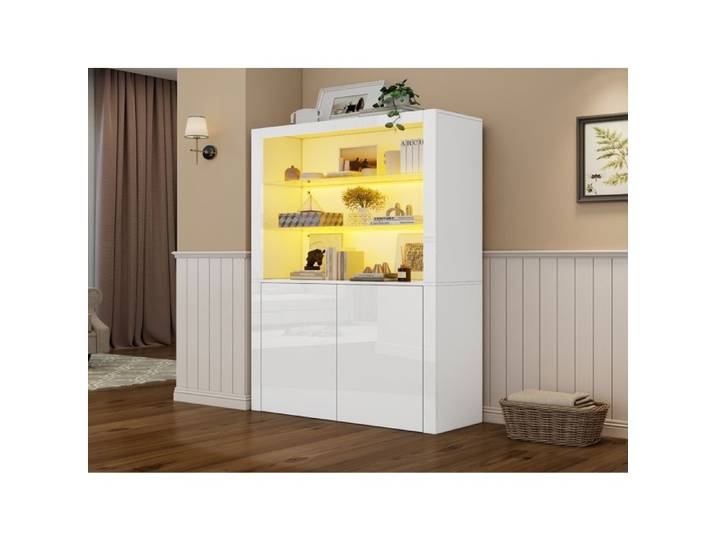 Vitrine Blanche Brillante avec LED 2 Portes et 3 Étagères Meuble de Rangement en MDF pour Salon 100x35x170cm