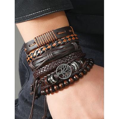 Lederarmband-Set für Herren – mehrlagiges geflochtenes Vintage-Armband mit Perlen und Lebensbaum-Anhänger für den lässigen und unkonventionellen Stil