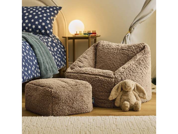 Pouf fauteuil enfant avec repose-pied carré en polaire brun moka