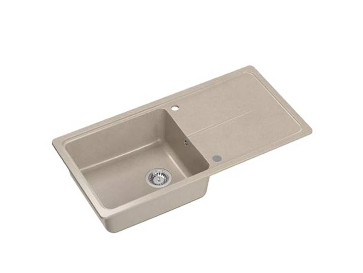 myQ Spülbecken BERLIN 146 Granitspüle Küche, Größe: 100 x 50 x 21,5 cm, Beige, Küchenspüle Einbeckenspüle Set: Granitspüle + manuell Siphon + Abdeckkappe