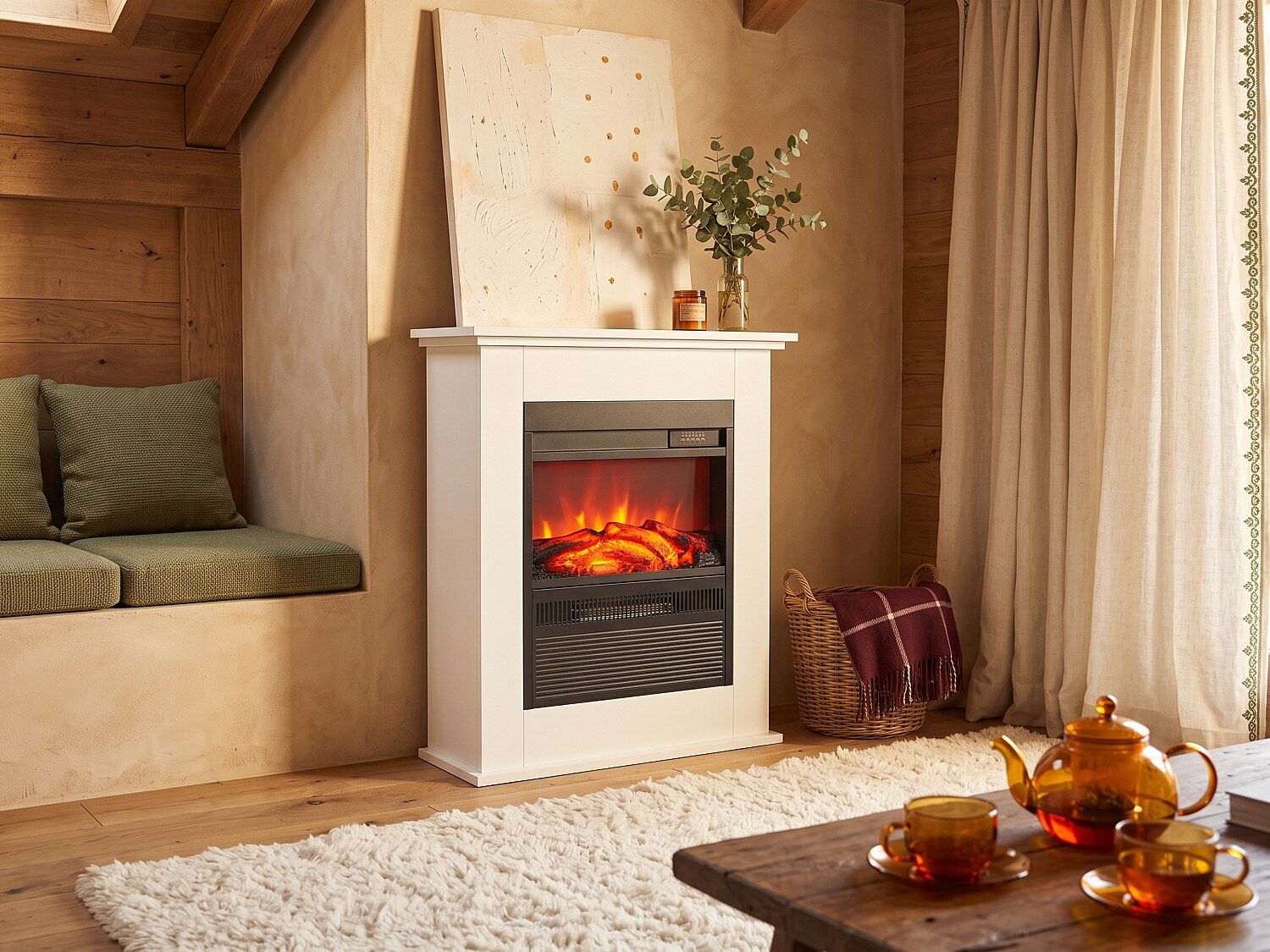 Unique Chimenea eléctrica de suelo con manto - L. 61,1 x Pr. 25 x Alt. 76,6 cm - Blanco - ETORI