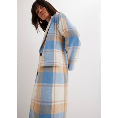 Langmantel BONPRIX "Oversize-Mantel n Wolloptik", Damen, Gr. 42, blau (brilliantblau, wollweiß, latte macchiato, rosenholz kariert), Obermaterial: 100% Polyester, mehrfarbig, oversize, Mäntel, Oversize-Passform, mit Reverskragen, mit Pattentaschen