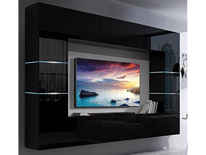Furnitech Future C61 Wohnzimmer Wandschrank Möbel Schrankwand Hochglanz Wohnwand Mediawand mit LED Beleuchtung (LED RGB (16 Farben), 61/HG/B/1 1B)
