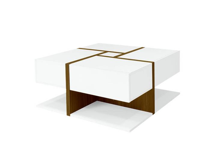 Flieks Couchtisch Hochglanz 4 Schubladen 78x78cm Linien-Design Weiß, Holz, 39x29.5x60 cm, Wohnzimmer, Wohnzimmertische, Couchtische