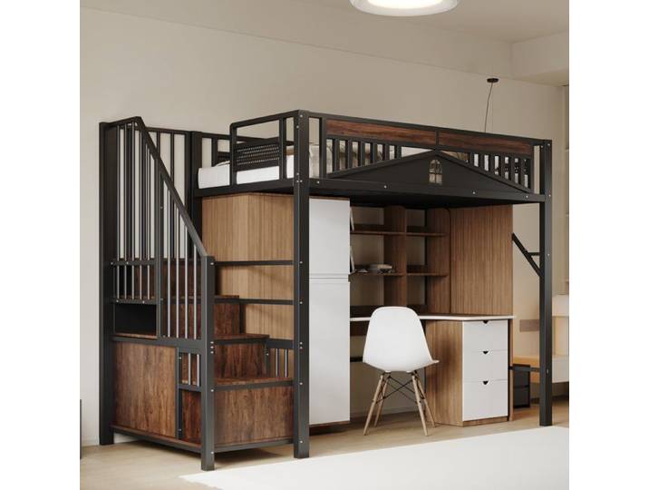 Lit mezzanine 90x200 avec escalier et rangement métal noir sécurité enfant