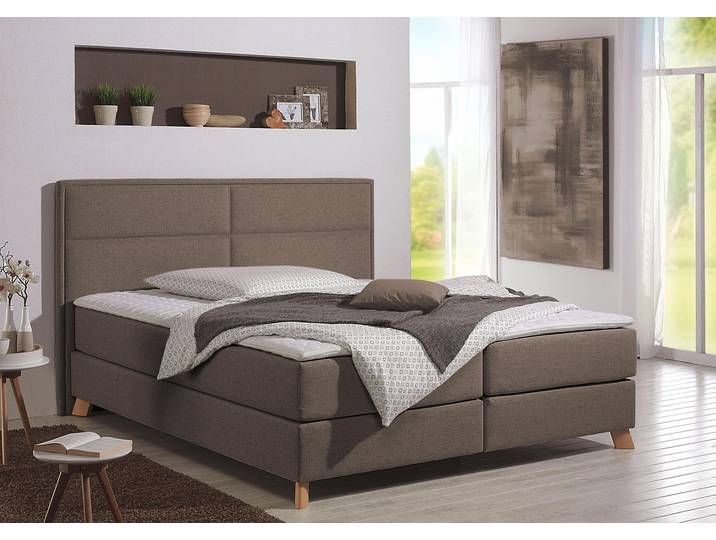 Boxspringbett, Hellbraun, 111x209 cm, Strukturstoff, Topper, Klassisch, Home-affaire