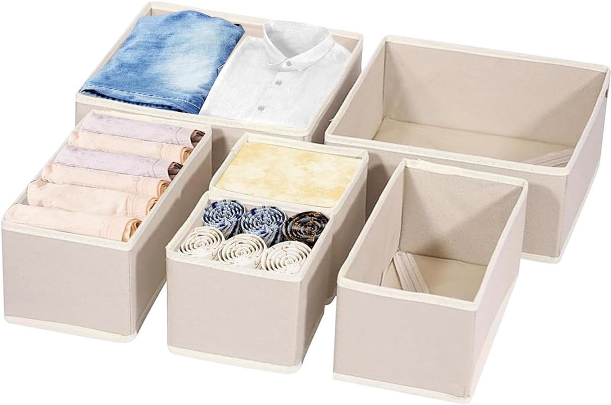 Set van 6 opvouwbare ladeorganisers voor kleding en accessoires, crème