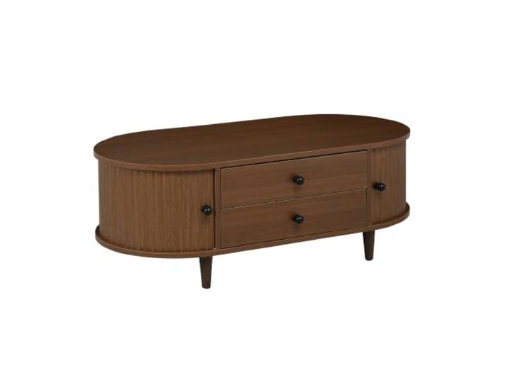 Runder Couchtisch 100x50x36cm mit Rolltüren und Schubladen Spanplatte, Walnussholzoptik, schwarze Fronten, 2 Rolltüren, 2 Schubladen, 50 kg, 100x50x36 cm, Wohnzimmer