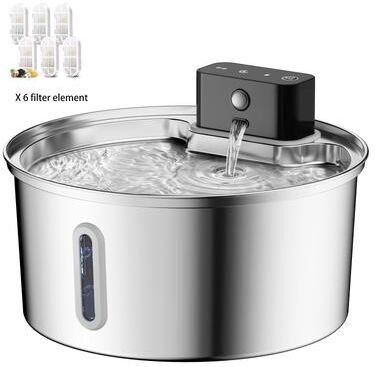 Inspired Finds PureFlow Wireless Stainless Steel Pet Water Fountain 108oz Motion Sensor Drinking Station with 6 Chips