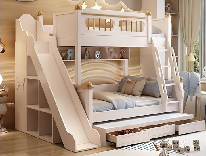Xlmoebel Etagenbett XLMOEBEL Holz Etagenbett in Weiß mit Rutsche und Schubladen (Etagenbett, 1-St., Etagenbett mit Rutsche und Schubladen), Made in Europa