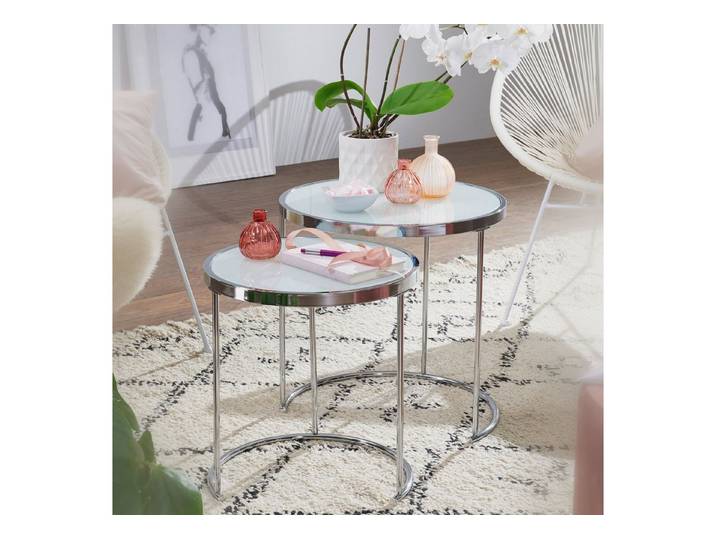 KADIMA DESIGN Satztisch Design Beistelltisch Rund Ø 50/42 cm - 2 teilig Weiß Silber mit, Glasplatte, Wohnzimmertisch 2er Set, Satztisch Milchglas, Couchtisch