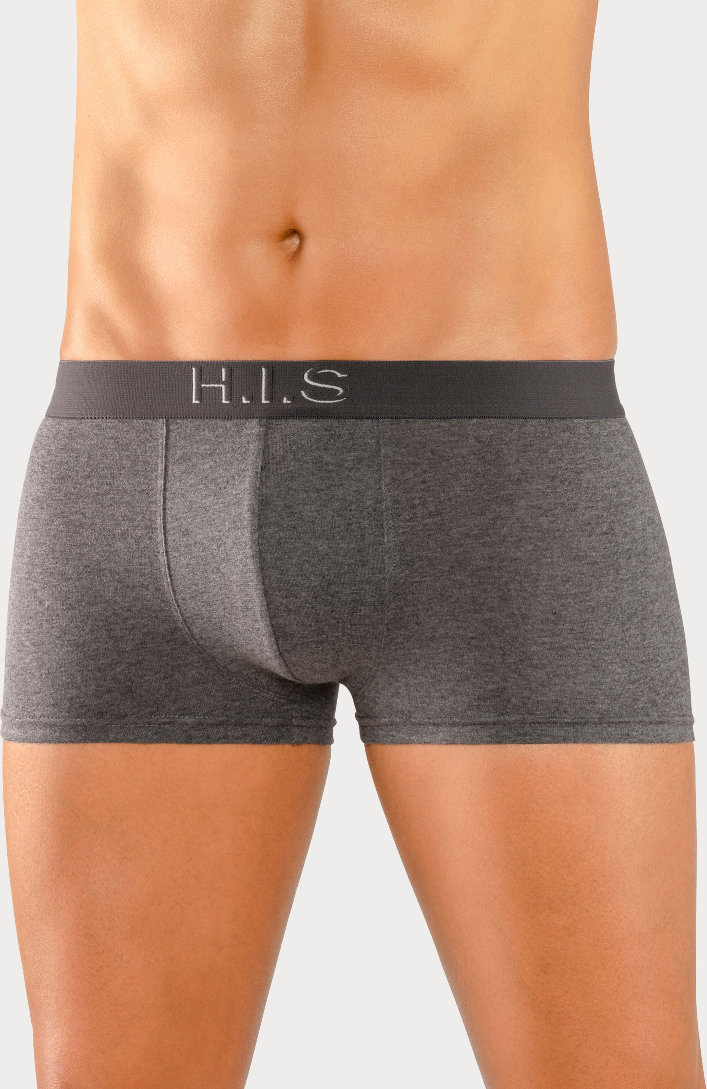 Hipster H.I.S, Herren, Gr. S, 5 Stk., bunt (grau, meliert, schwarz, navy, rot, blau), Jersey, Obermaterial: 95% Baumwolle, 5% Elasthan, unifarben, körpernah, Unterhosen Hipster, knapp sitzende Boxershorts am Webbund mit Logoschriftzug mit 3D Effekt grau, 