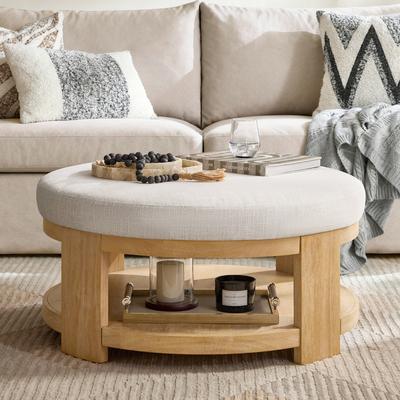 "HULALA HOME Zenith Modern 40"" Round Cocktail Ottoman with Solid Wood Base and Quick Assembly"