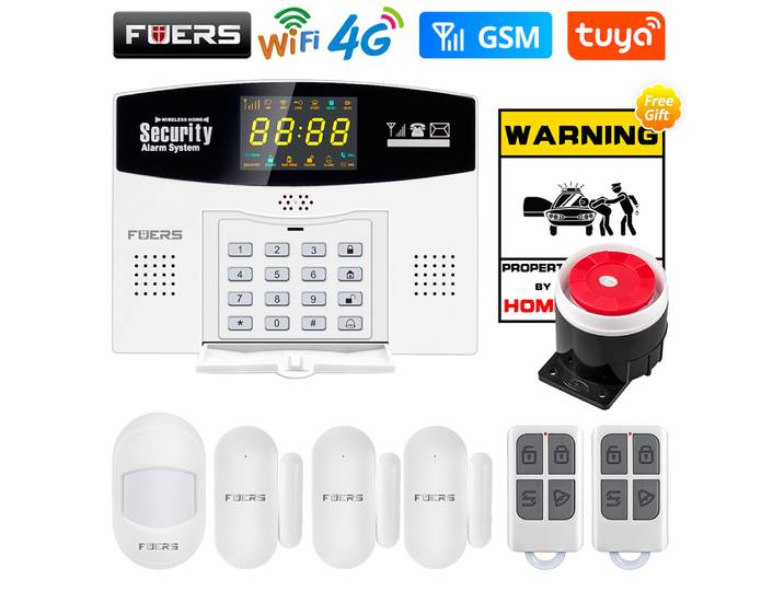 Système d'alarme sans fil Fuers W214 WIFI 4G GSM compatible avec Tuya Smart, zones de sécurité filaires, compatible avec Alexa et Google, détecteur de mouvement.