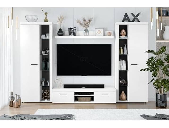 AXLIVING Spacoro XL Wohnwand Weiß 300 cm Modern Hochwertig für Wohnzimmer Zwei Vitrinen, ein Wandregal und ein TV-Unterschrank bieten offene und geschlossene Fächer. Transparente Glasböden.
