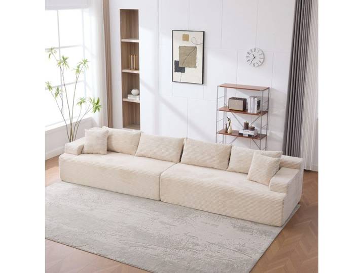 Canapé modulaire compressé 6 places en chenille Ivory livré monté avec coussin