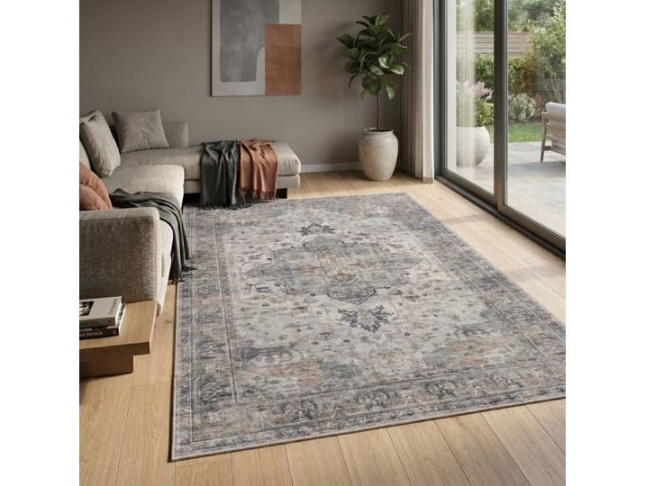 Carpetsale24 Tapis Lavable Beige 140x200 cm Salon Chambre Chambre Amis Motif Oriental Vintage Poils Courts Facile à Entretenir