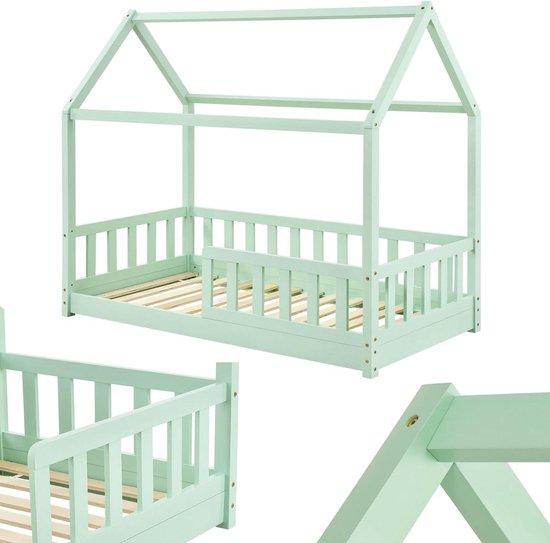 Kinderbett mit Dach - Hausbett für Kleinkinder - Sicherer Schlaf - Massivholz - 80 x 160 cm - Mintgrün