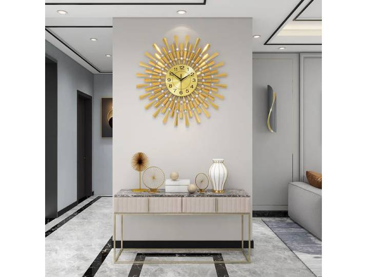 Horloge murale de salon atmosphérique, métal créatif de luxe, fond de maison haut de gamme, peinture décorative