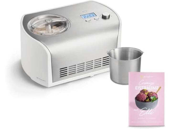 SPRINGLANE Eismaschine Elli 1,2 L mit selbstkühlendem Kompressor 135 W inkl. Edelstahl Zusatzbehälter, Eiscrememaschine aus Edelstahl mit entnehmbarem Eisbehälter, inkl. Rezeptheft