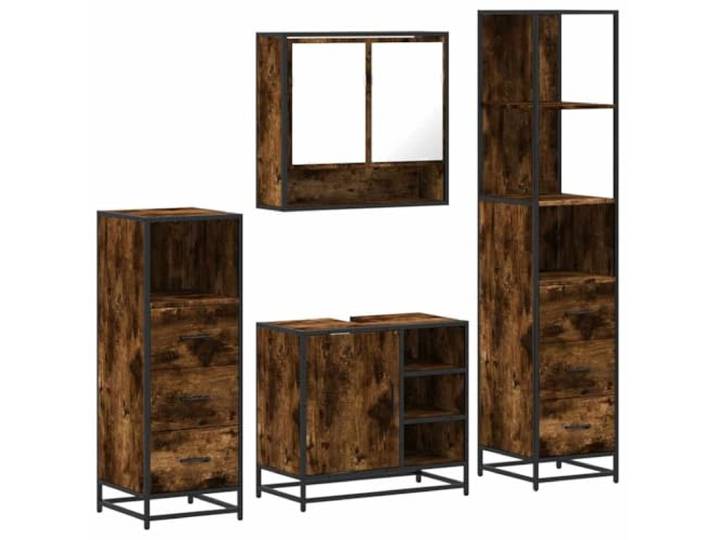 POUFGDR Badezimmermöbel-Set, 4-teilig, rauchfarbene Eiche, Holz Wand-WC-Schrank, Metallrahmen, Loch für Spüle, Aufbewahrung, Wandbefestigung im Lieferumfang enthalten