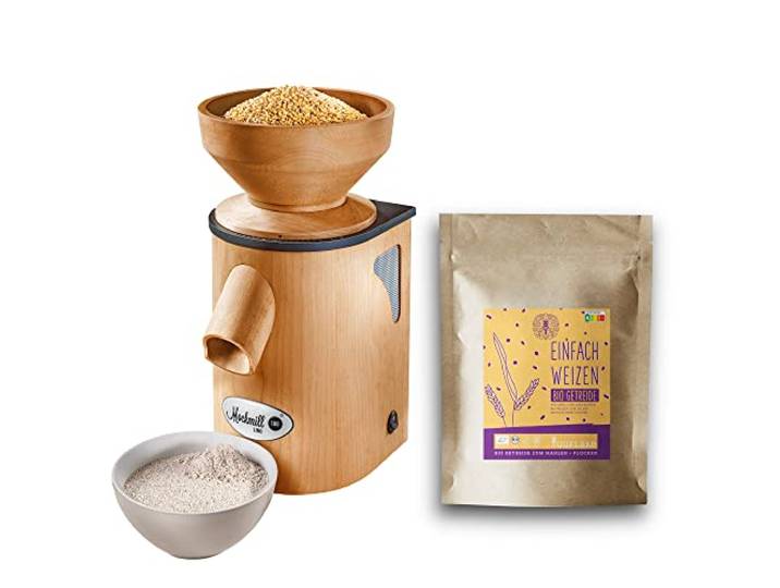 Getreidemühle Mockmill Lino 200 Made in Germany Edelkorund und Keramik Mahlstein frisches Mehl (Lino 200 + 2,5 kg Bio Weizen)