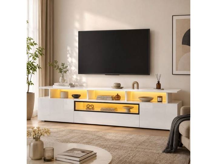 ULSAM Meuble TV 180 cm avec LED 2 Portes 1 Tiroir 10 Rangements TV 75 Pouces - Blanc Brillant
