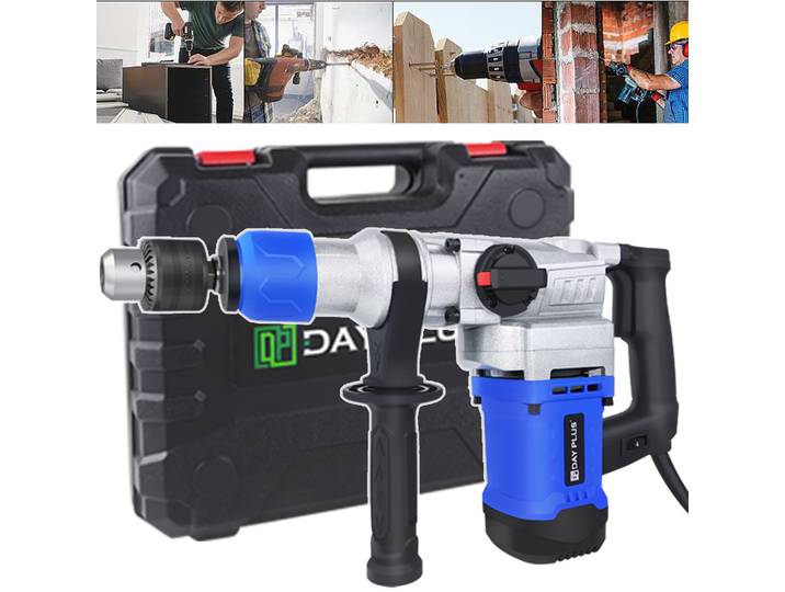 Kit de marteau démoliteur électrique, perceuse à béton, briseur de béton, 360 ° Poignée rotative, 6 vitesses variables, avec graisse, burin, forets