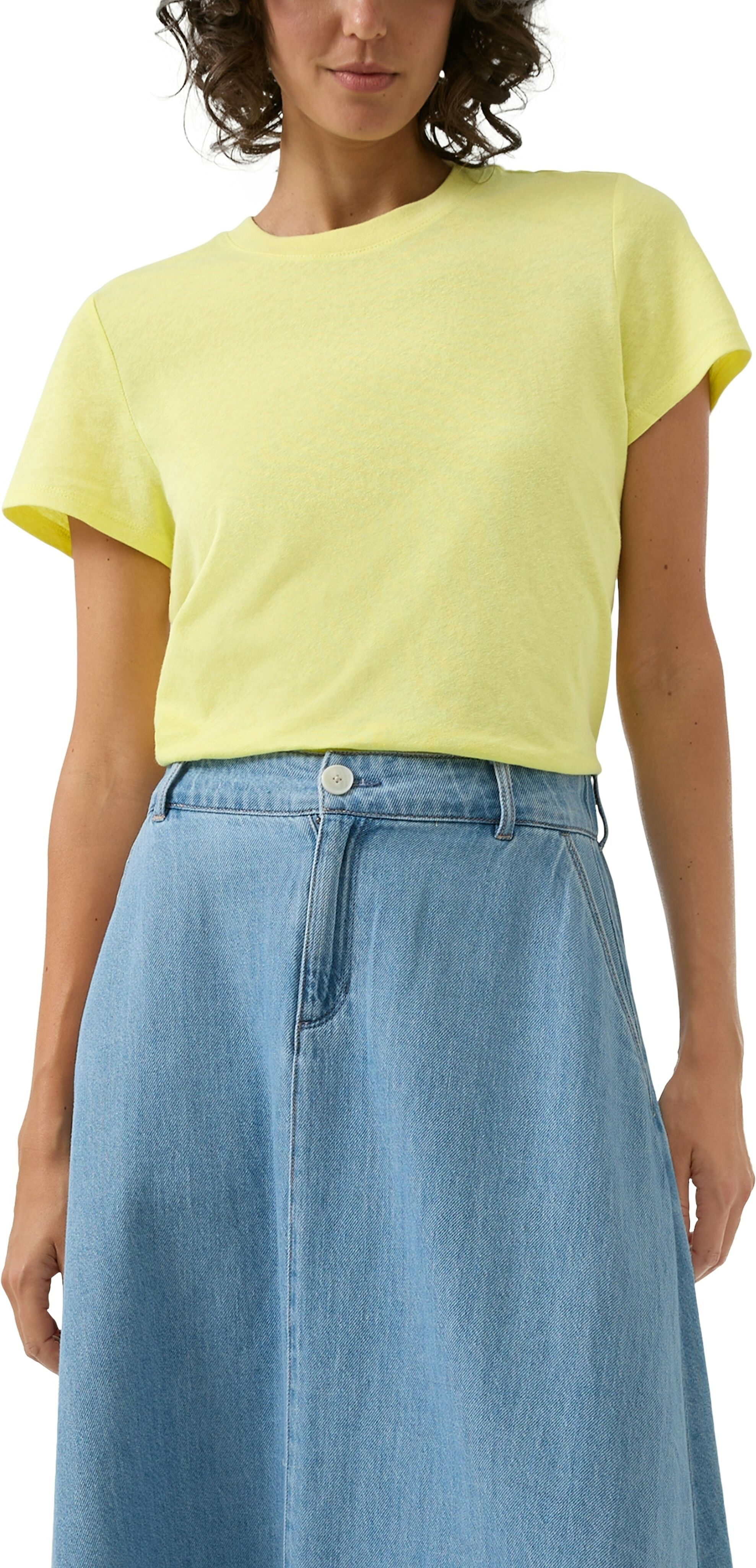 T-Shirt S.OLIVER, Damen, Gr. 42, gelb (electric lime), Web, Obermaterial: 50% Baumwolle, 50% Leinen, unifarben, regular fit normal, Rundhals, gerader Abschluss, Shirts T-Shirt, mit Rippblende electric lime 42