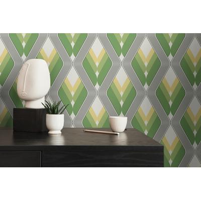 Vliestapete LIVING WALLS "LIMITED – Retro Rauten", grün (gelb), B:0,53m H:0m L:10,05m, Vlies, Tapeten, Grafische Rauten und Wellen im markanten Seventies-Look