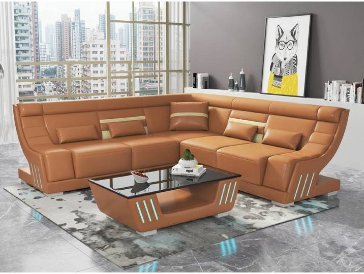 Xlmoebel Ecksofa Leder Ecksofa L-Form Modern Braun Couchtisch LED Design Wohnzimmer Set, 1 Teile, LED-Beleuchtung, Kissen inklusive
