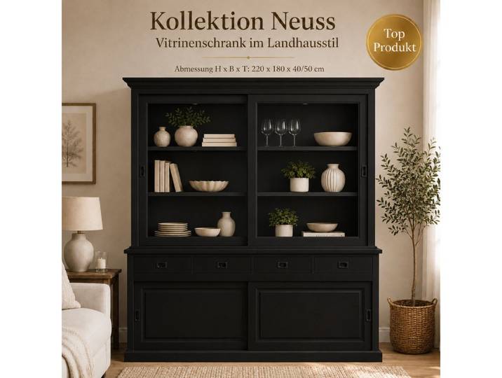 Wohnpalast Vitrine Vitrinen Schrank Neuss 180 cm schwarz - Vitrine mit Schiebetüren