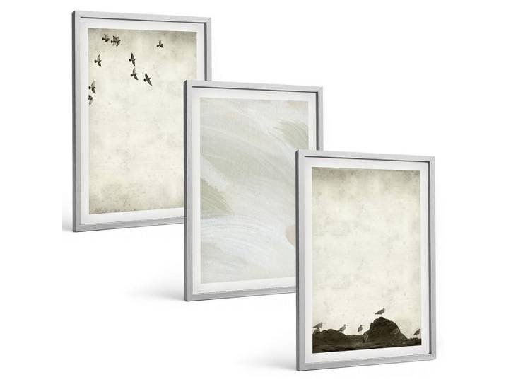Tulup Bilder SET 3er Set - 40x60 cm Silberner Rahmen - Vögel, Steine, Pinselstriche, Verzierungen, Silberfarben, Kunststoff, Rechteckig, 40x60 cm, Fotografie, Bilder & Rahmen, Bilder