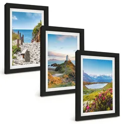 BILDER SET 3er Set - 20x30 cm Schwarzer Rahmen - Strand, Leuchtturm, Berge, Blumen