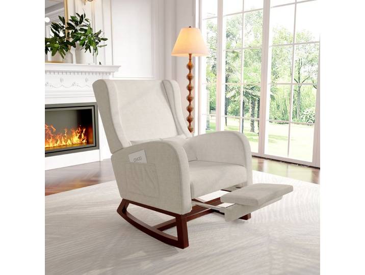 Fauteuil à Bascule Avec repose - jambes télescopique Chanvre de coton Beige Avec oreiller Rocking Chair