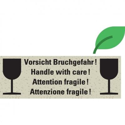 Aufkleber I Hinweisetikett Vorsicht Bruchgefahr!, 4-sprachig, weiß, Graspapier, 147x50mm, 6/Bogen