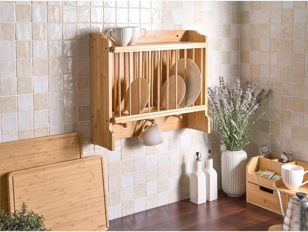 Rebrilliant Wall-Mounted Dish Rack MADELEINE Bamboo Light Brown Natural Wood 45cm H X 52cm W X 15cm D