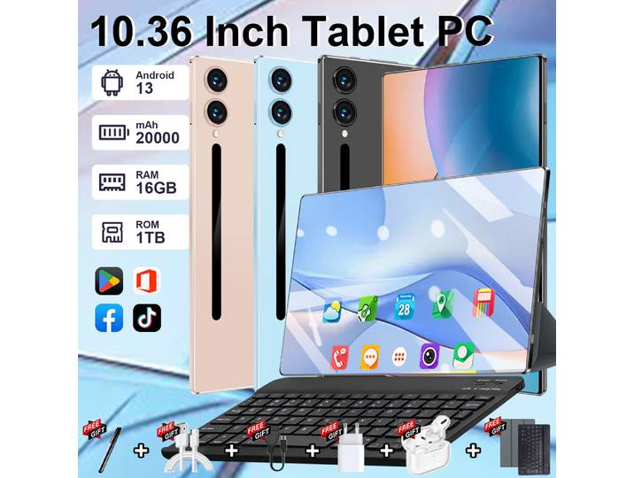 Tablette 5G Android 2026, 20000 mAh, 16 Go de RAM, 1 To de ROM, 14 cœurs, Google Play, double SIM, double caméra, Android 13.0, tablette PC 10,36 pouces