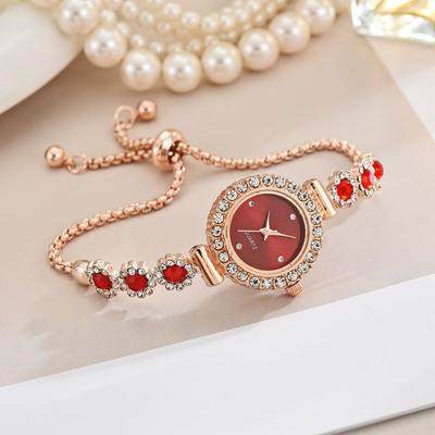 Fashion Sheath Elegant Floral Rhinestone Bracelet Watch For Women Crystal Dress Wristwatch red