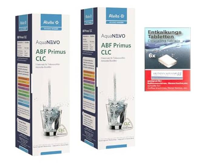 Alvito 2x ABF Primus CLC Wasserfilter gegen Kalk - Aktivkohle Blockfilter Ersatzfilter mit EM-Keramik für Alvito & Carbonit Auf- und Untertischfilter, mit Reinigungstabs zur Desinfektion & Entkalkung