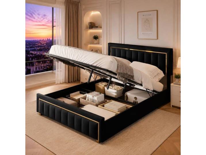 Lit Capitonné 160x200 Lit Coffre avec Rangement Lit en Velours Lit Rembourré au Design Moderne Adultes Double Noir