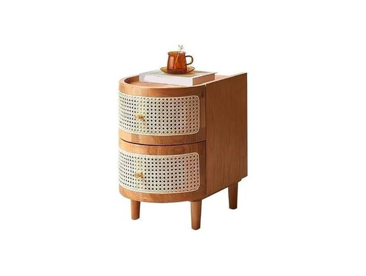 Moderner Nachttisch Nachttisch mit Stauraum aus Holz und Rattan Filigrane Metallknöpfe, schlanke Beine for eine stabile tägliche Platzierung