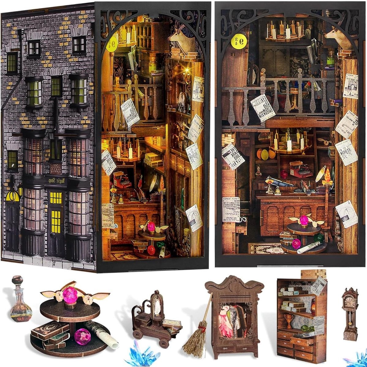 Boekenhoek Kit Miniatuur Boekensteun 3D Puzzel met LED Licht voor Boekenplank Decoratie