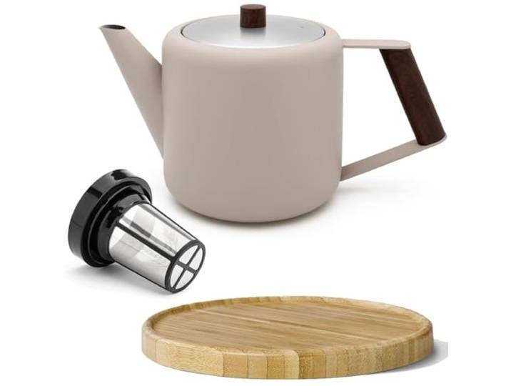 Bredemeijer doppelwandige Retro Teekanne 1.1 Liter beige - mit braunem Holz-Untersetzer & Edelstahl-Tee-Filter Sieb-Einsatz - isolierende Kanne aus Edelstahl