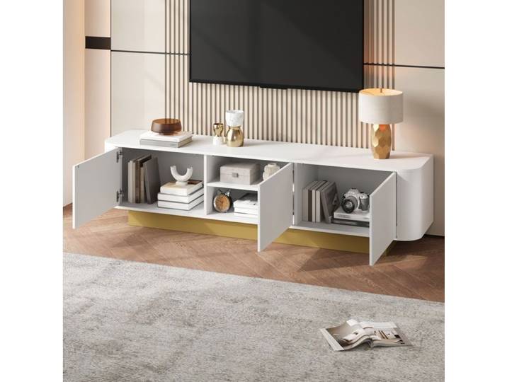 MEUBLIV Meuble TV bas 170 cm blanc 3 portes étagère réglable passe-câbles MDF et panneaux de particules