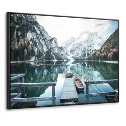 LEINWAND Bilder mit Rahmen - Natur - Berge - Schnee - Wald - Boot - 100x70